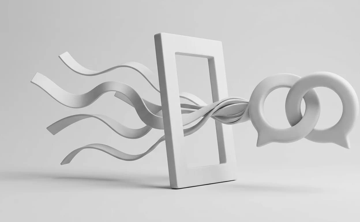 Ilustração 3D de caminhos que atravessam uma página e chegam a formas de conversa