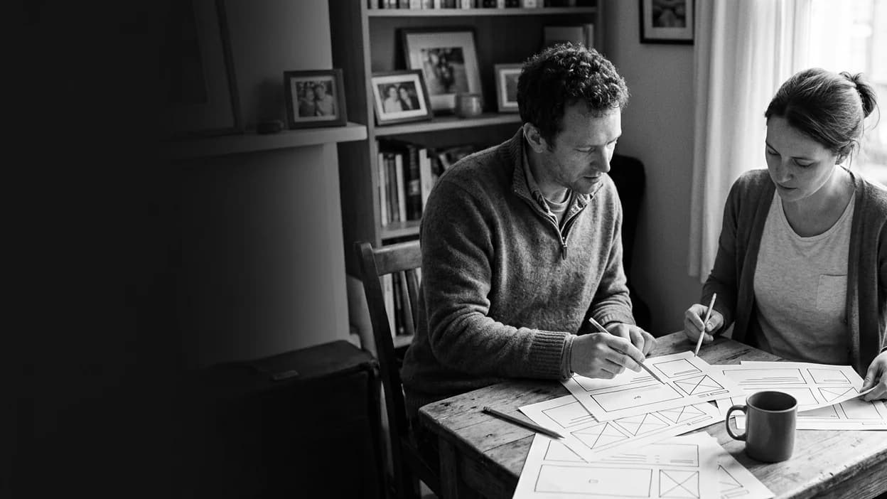 Duas pessoas fictícias organizam wireframes físicos de website em um pequeno ambiente de trabalho
