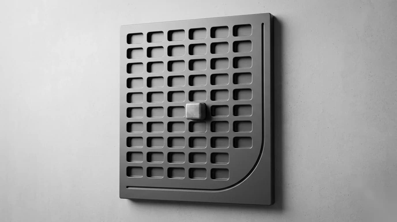 Ilustração 3D monocromática de um painel vertical com grade de células vazias e um pequeno cubo elevado em uma das células
