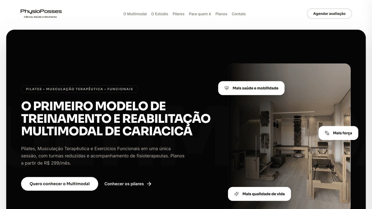Recorte da página inicial da PhysioPosses com chamada do treinamento multimodal e foto do estúdio