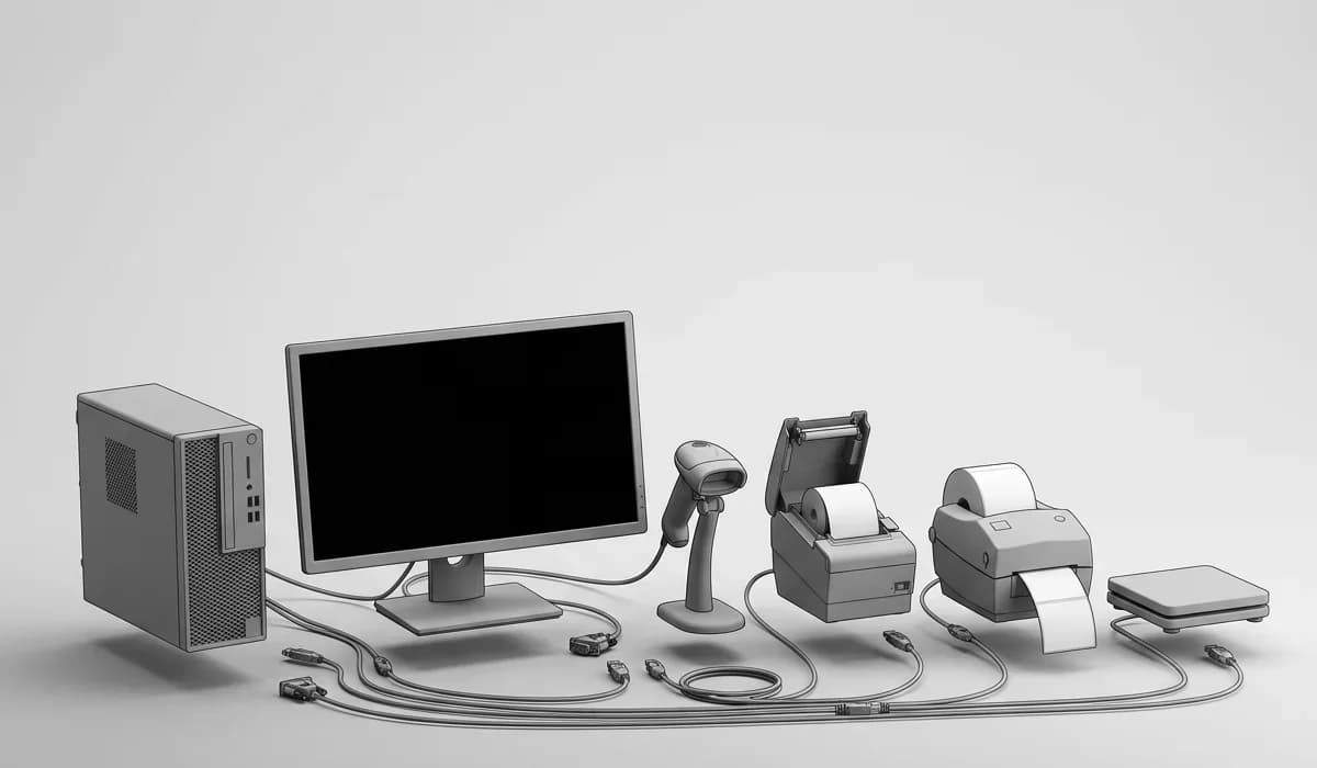 Ilustração 3D de computador, leitor, impressoras, balança e cabos locais