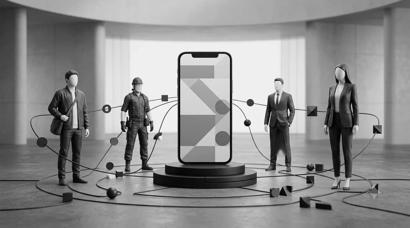Ilustração 3D monocromática de um celular conectado a quatro papéis operacionais