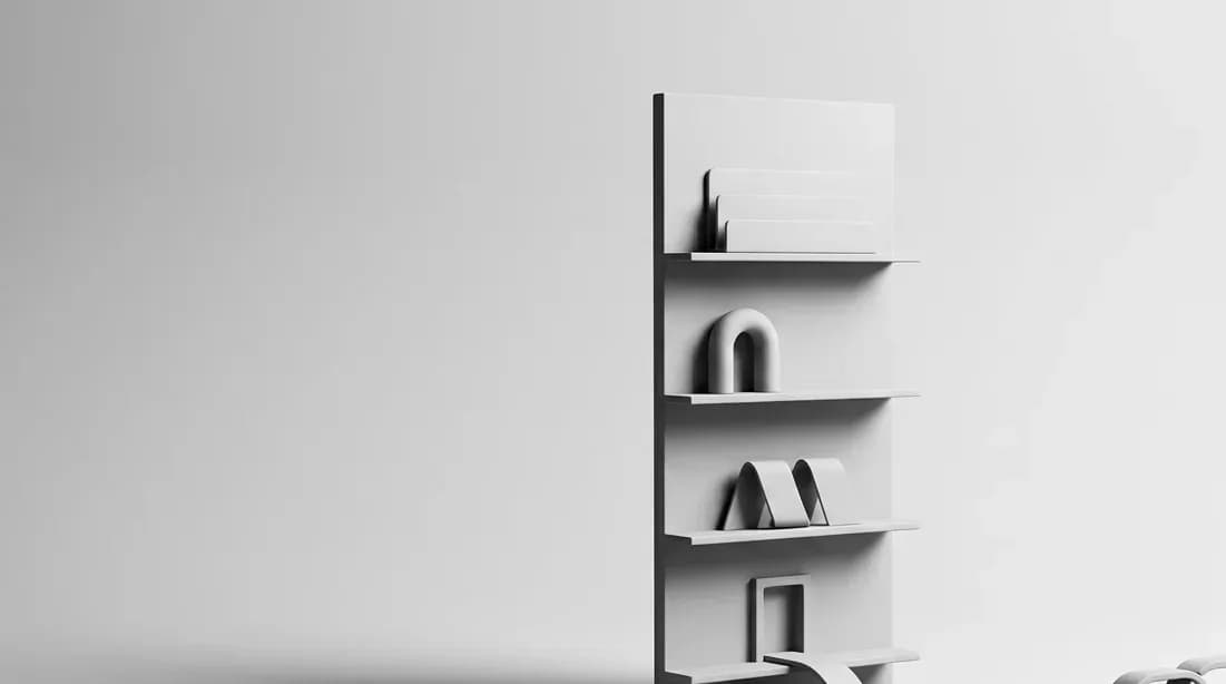 Ilustração 3D monocromática de uma estrutura vertical com quatro prateleiras e formas abstratas