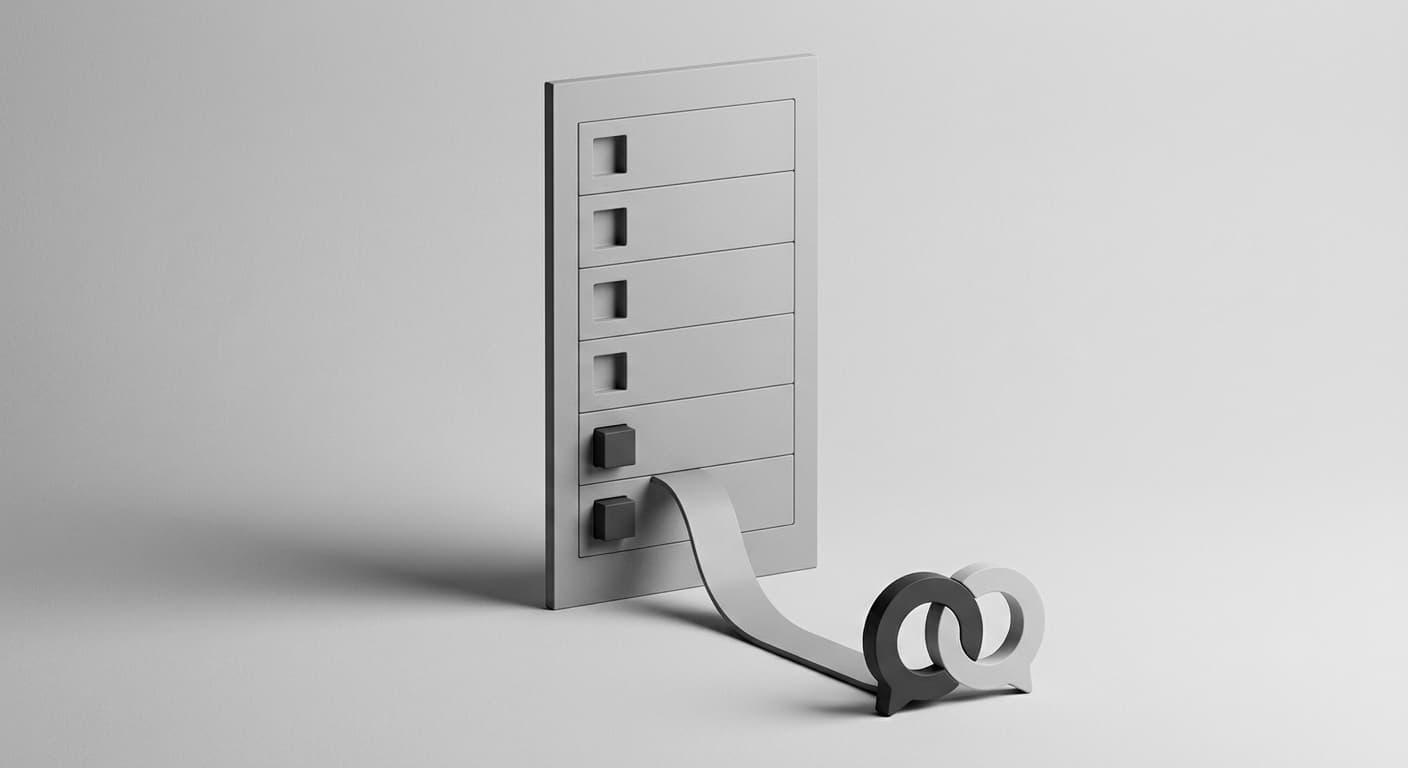 Ilustração 3D de uma ficha de auditoria vertical com linhas de checkboxes, finalizando num portal de conversa aberto