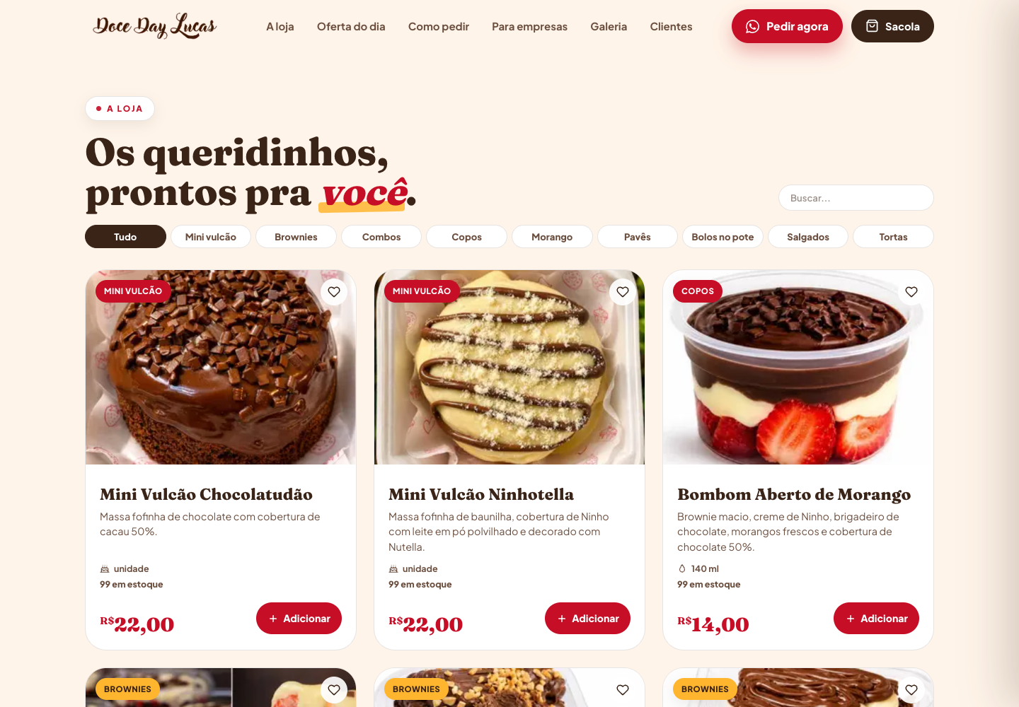 Doce Day Lucas: grelha de produtos com filtros e botão adicionar