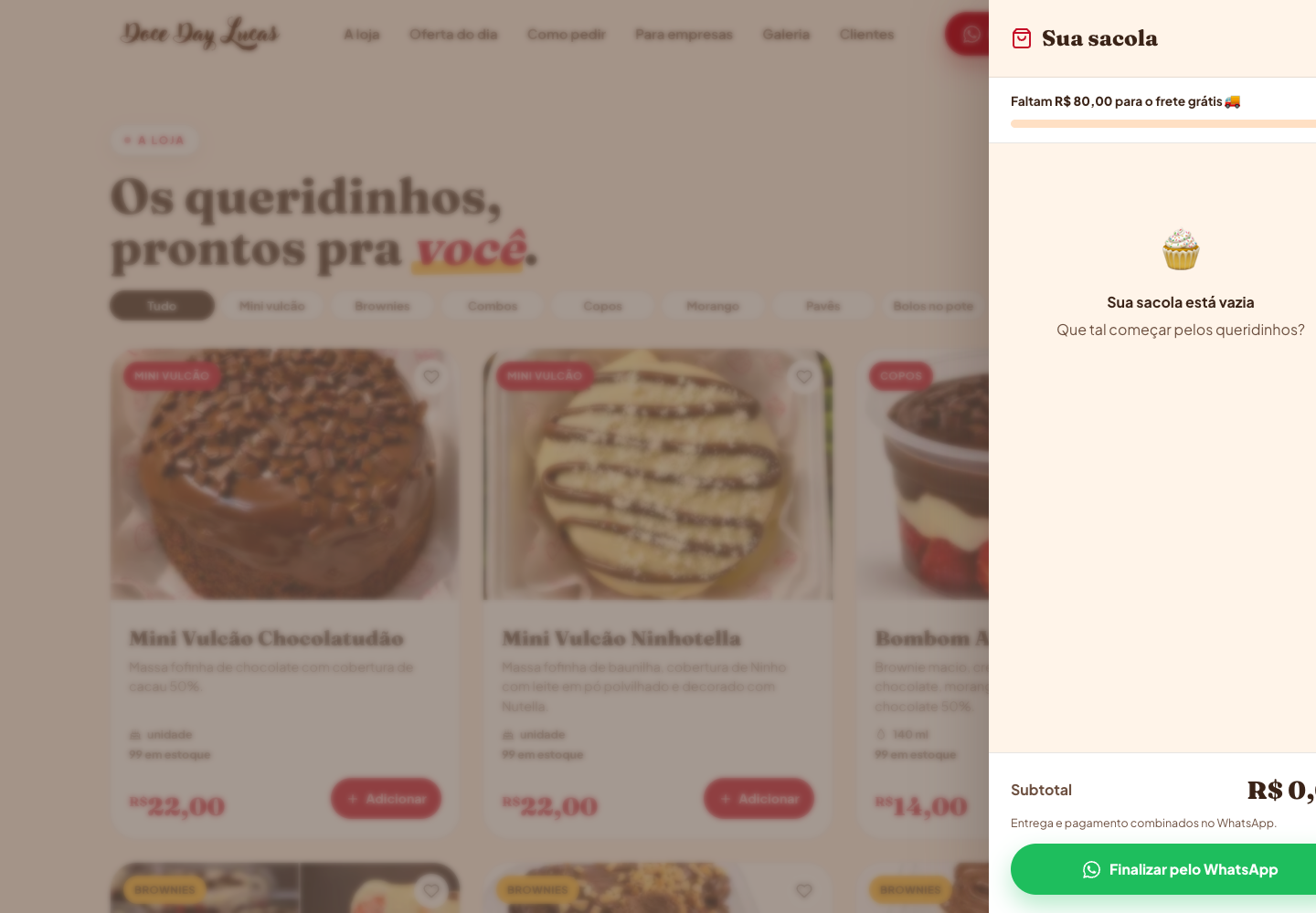 Doce Day Lucas: sacola lateral com frete grátis e checkout WhatsApp