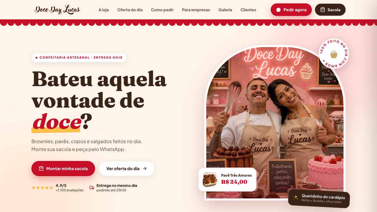 Recorte da página inicial da Doce Day Lucas com a chamada Bateu aquela vontade de doce