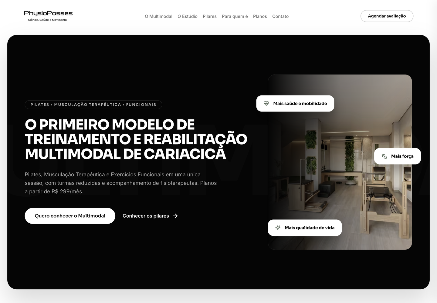 Página inicial da PhysioPosses com proposta de treinamento multimodal e imagem do estúdio