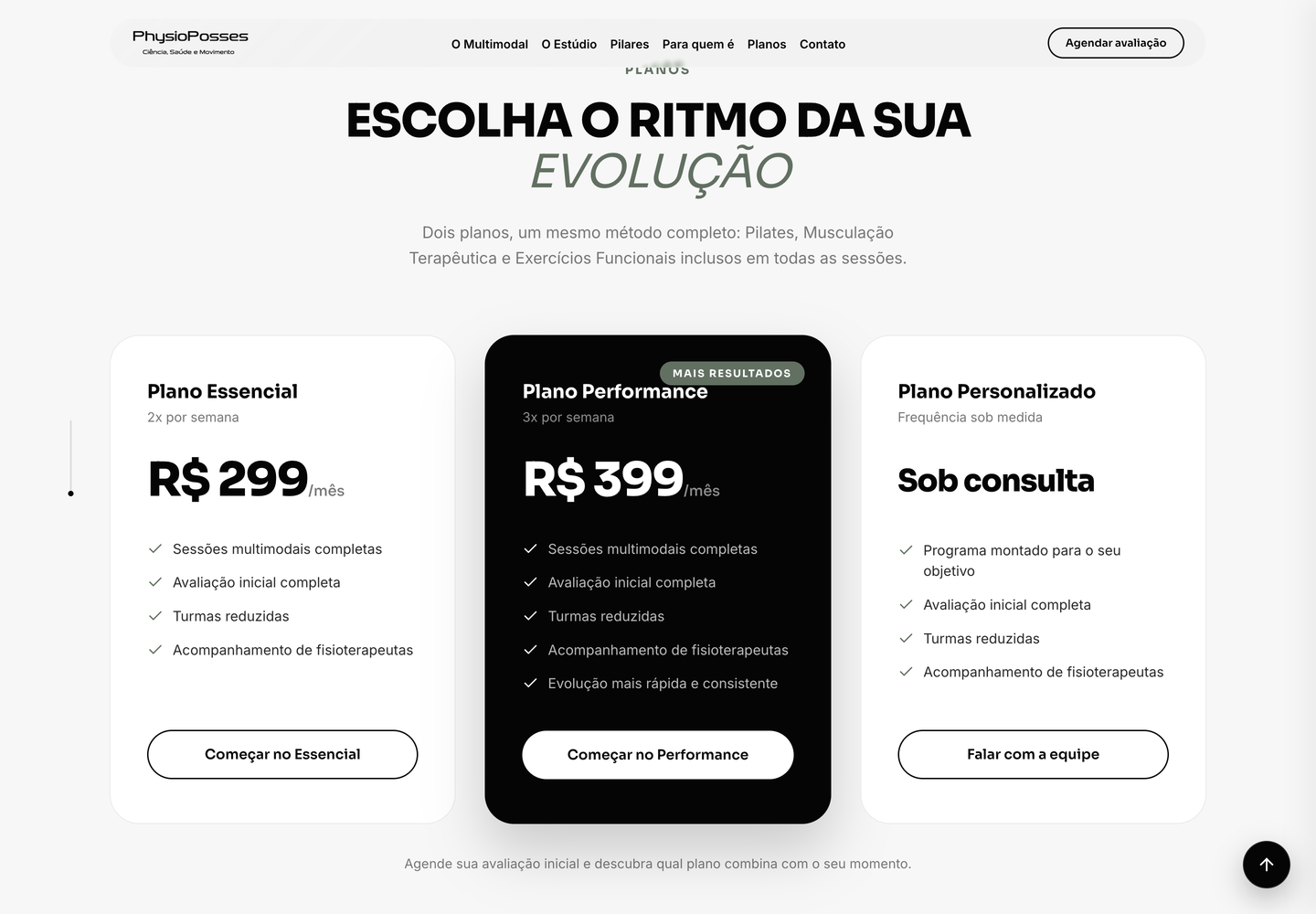 PhysioPosses: comparação dos planos Essencial, Performance e Personalizado