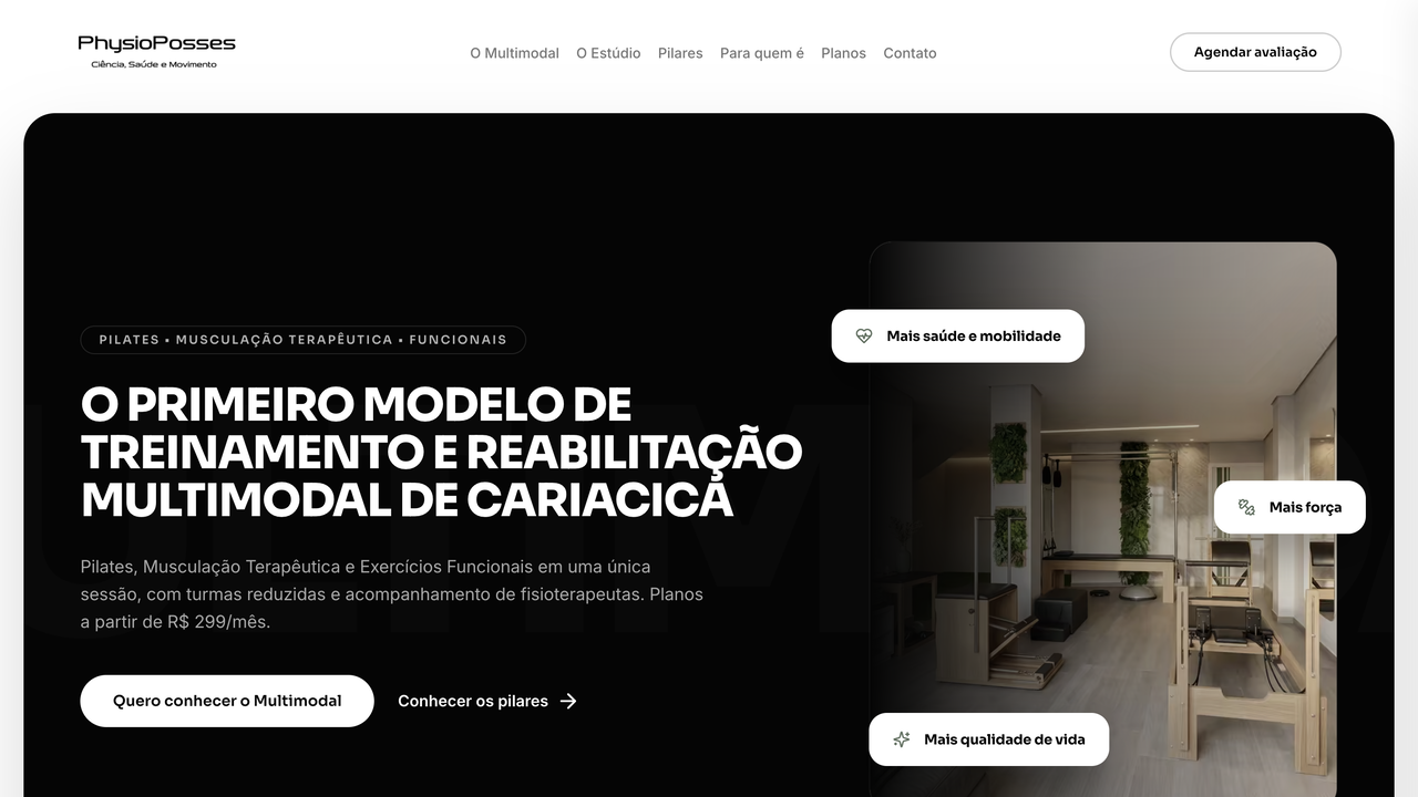 Recorte da página inicial da PhysioPosses com chamada do treinamento multimodal e foto do estúdio
