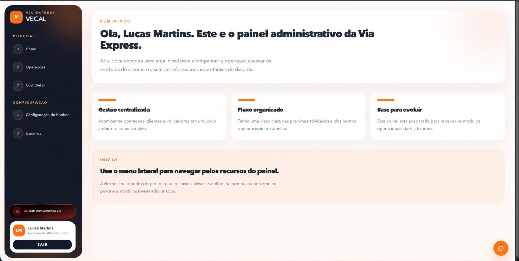 VECAL: painel inicial da ViaExpress com visão geral da operação