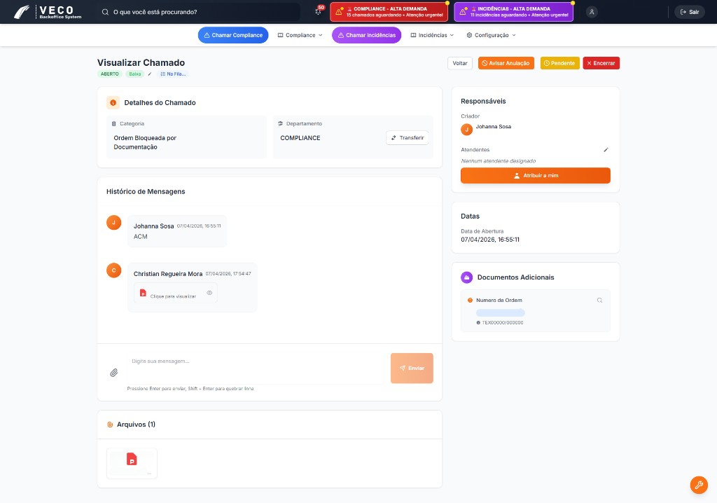 VECO: detalhe do chamado com chat e anexos